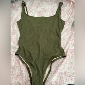 Madewell Second Wave Ribbed Square-Neck Tank One-Piece Swimsuit Olive Green NWT